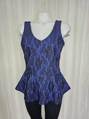 Avaleigh V-Neck Blue and Black Lace Peplum Top Medium